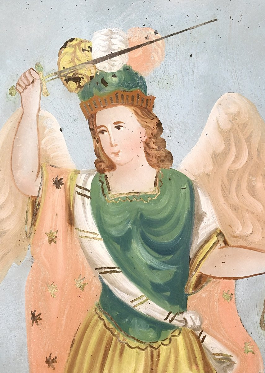 Saint Michael The Archangel Defeating The Dragon - Glass Painting - Romania,  XIX Century -photo-3